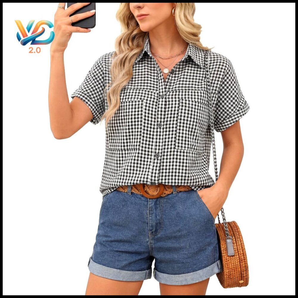 Short Sleeve Button Down Blouse Rayon Nylon Blend Oversized Fit Pockets